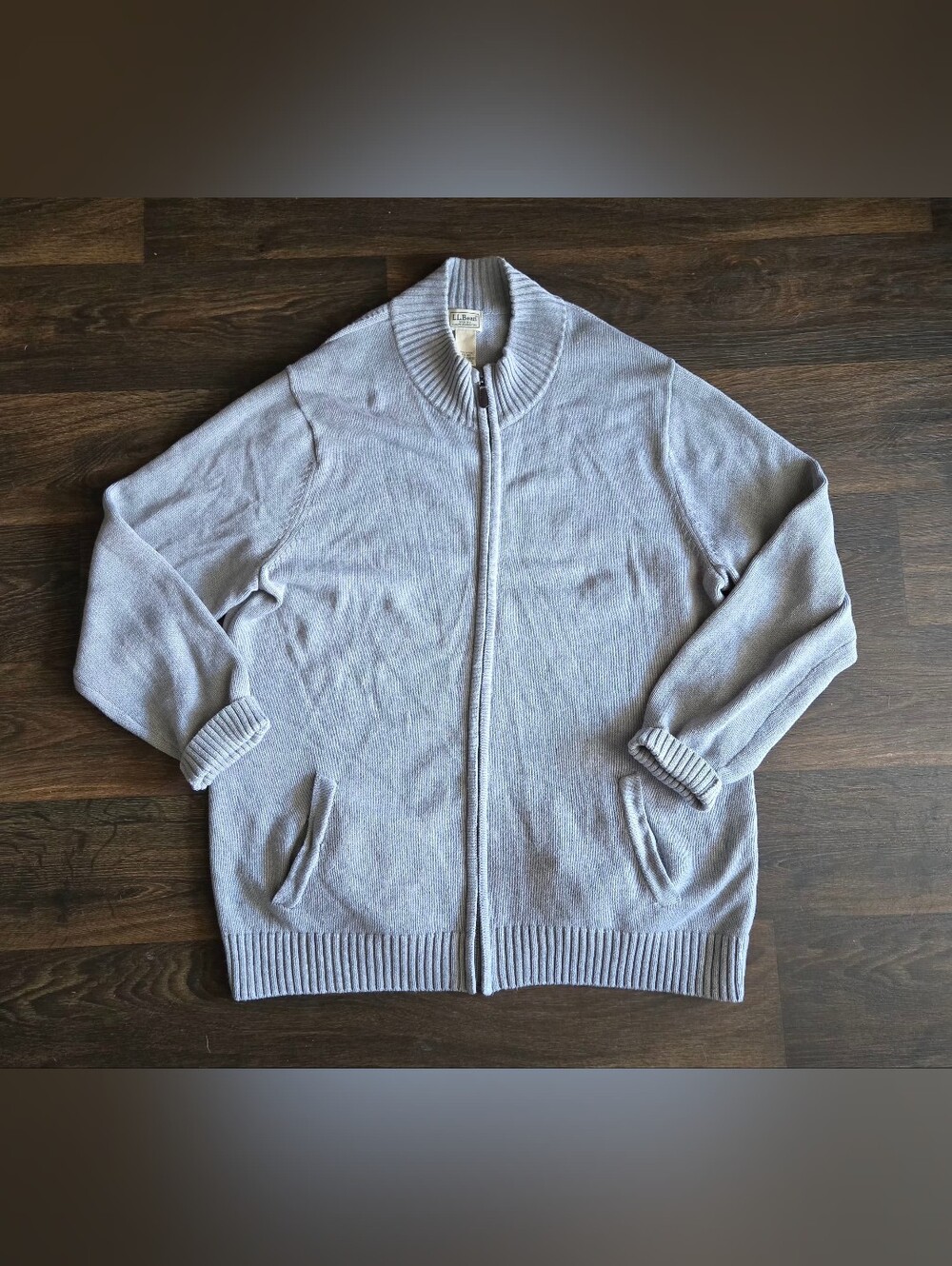 Vintage L.L.Bean Full Zip Sweater Light Gray  Ribbed Knit Heavy Cotton Men XXL